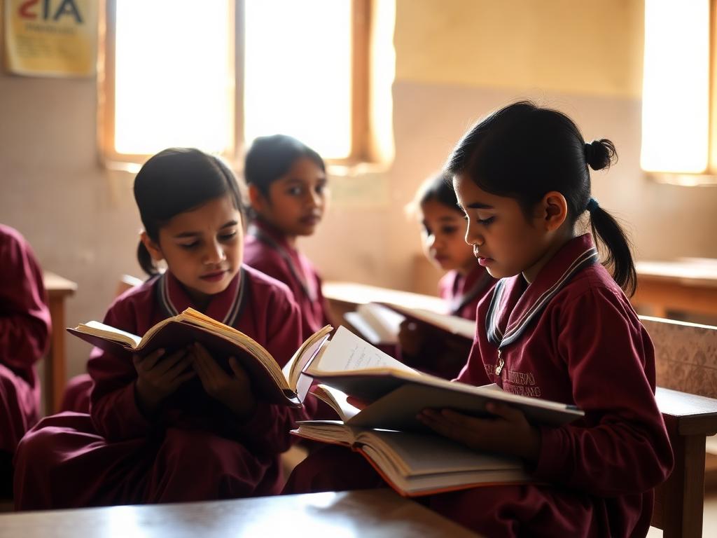 Children reading together at a community school desk in Jiri, Dolakha